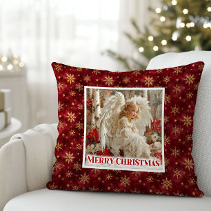 Glückliches Rot und Gold Vintage Engel Weihnachts Kissen