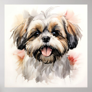 Glückliches Shih-Tzu-Welpen-Tintenporträt Poster