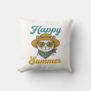Glückliches Sommerkatze Vintage Gravur Shirt Desig Kissen