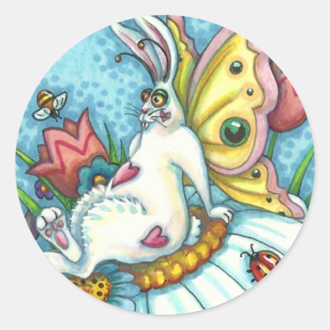 GLÜCKLICHES SPRING FLUTTERBUN RABBIT, FUNNY BUNNY  RUNDER AUFKLEBER (Vorderseite)