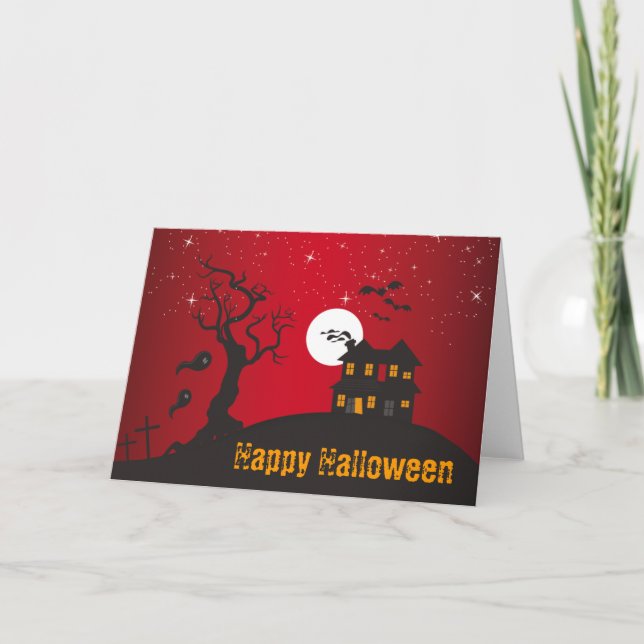 Glückliches Spuk Haus-Rot Halloweens Karte (Vorderseite)