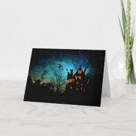 Glückliches Spuk Haus und Hexe Halloweens Karte