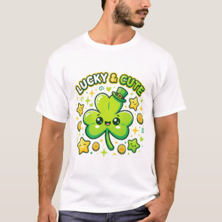 Glückliches & süßes Kleeblatt Kawaii Design T-Shirt