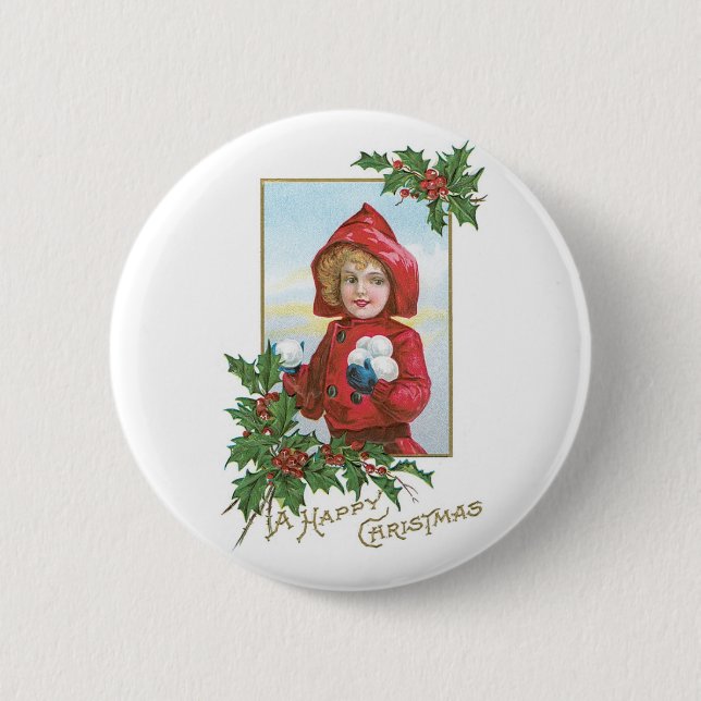 Glückliches Weihnachtsmädchen mit Schneebällen Button (Vorderseite)