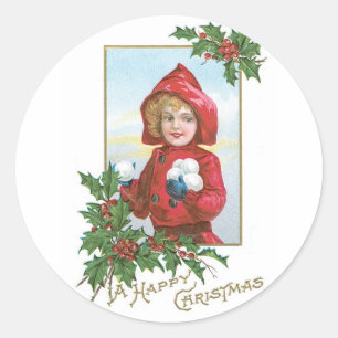Glückliches Weihnachtsmädchen mit Snowballs Runder Aufkleber
