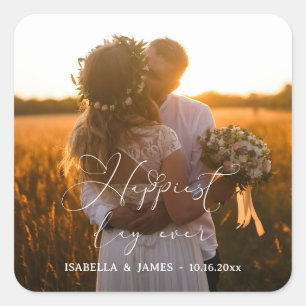 Glücklichster Tag Elegante Kalligrafie Hochzeitsfo Quadratischer Aufkleber