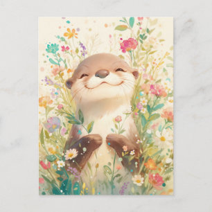 Glückseliger Otter auf sonniger Wildblumenwiese Postkarte