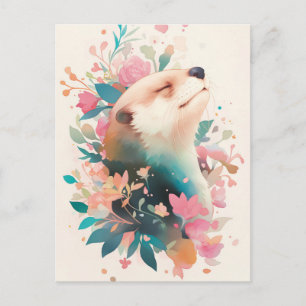 Glückseliger Otter im rosa Blumen Garten Postkarte