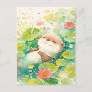 Glückseliger Otter schwebt in Seerosenteich Postkarte