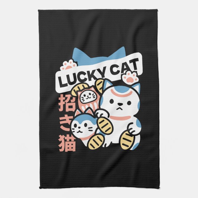 Glückskatze-Kunst – Maneki Neko mit Goldmünze Geschirrtuch (Vertikal)