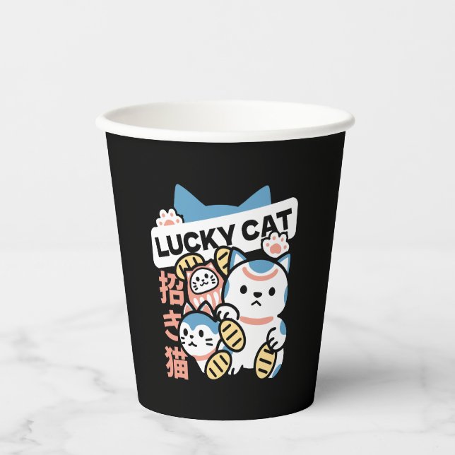 Glückskatze-Kunst – Maneki Neko mit Goldmünze Pappbecher (Vorderseite)