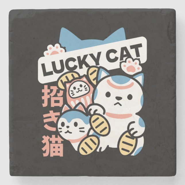 Glückskatze-Kunst – Maneki Neko mit Goldmünze Steinuntersetzer (Vorderseite)