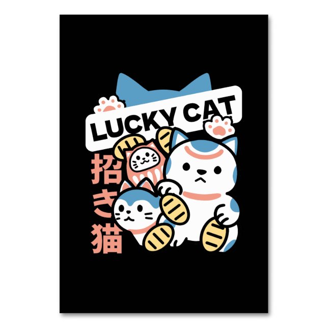 Glückskatze-Kunst – Maneki Neko mit Goldmünze Tischnummer (Vorderseite)