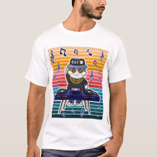 Glückskatze Maneki Neko DJ Retro-Musik-Kunst T-Shirt