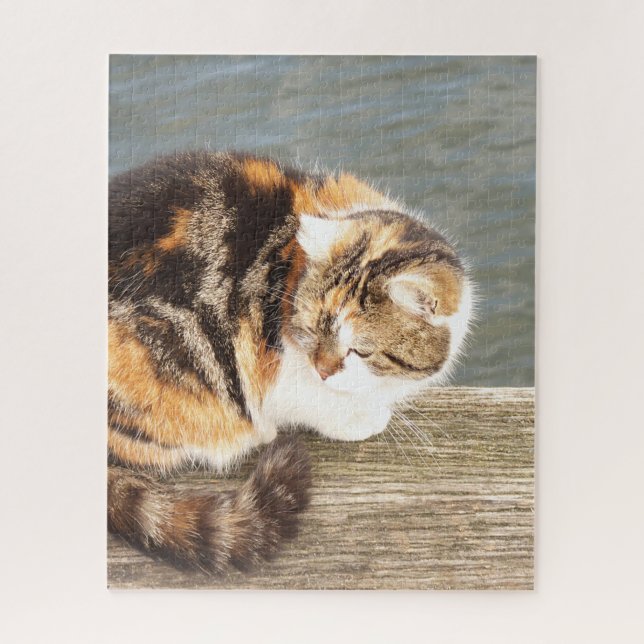 Glückskatze, mehrspurig auf einem Brett am Wasser  Puzzle (Vertikal)