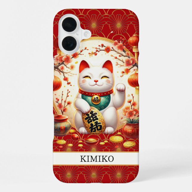 Glückskatze mit Goldmünzen auf rotem Monogramm iPhone Hülle (Rückseite)