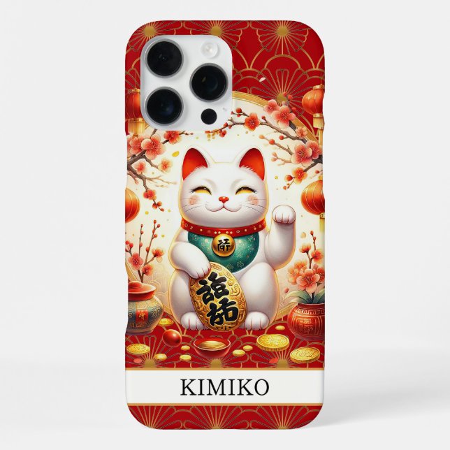 Glückskatze mit Goldmünzen auf rotem Monogramm iPhone Hülle (Rückseite)