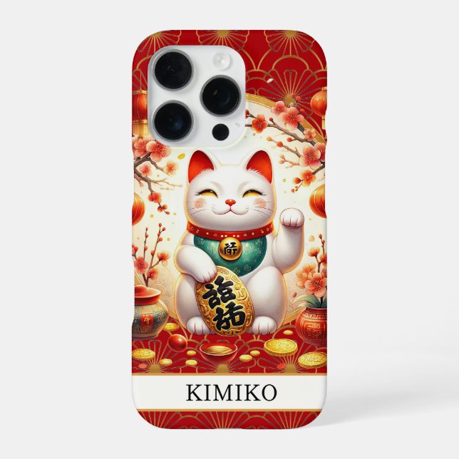 Glückskatze mit Goldmünzen auf rotem Monogramm iPhone Hülle (Rückseite)