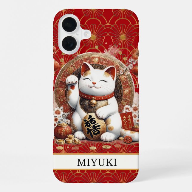 Glückskatze mit monogrammierten Goldmünzen iPhone Hülle (Rückseite)