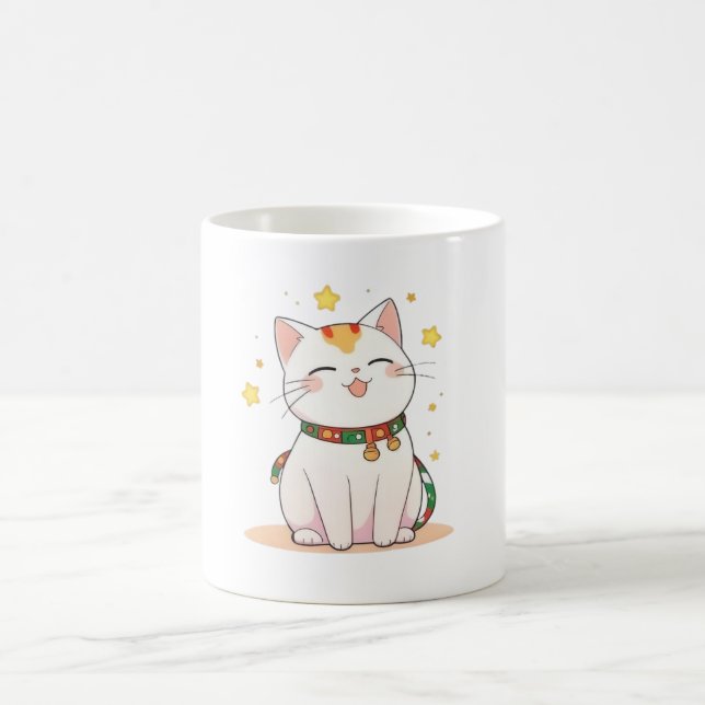Glückskatze mit Sternen Kawaii Design Kaffeetasse (Mittel)