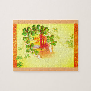 Glücksklee und Hufeisen Vintage-Kunst Puzzle