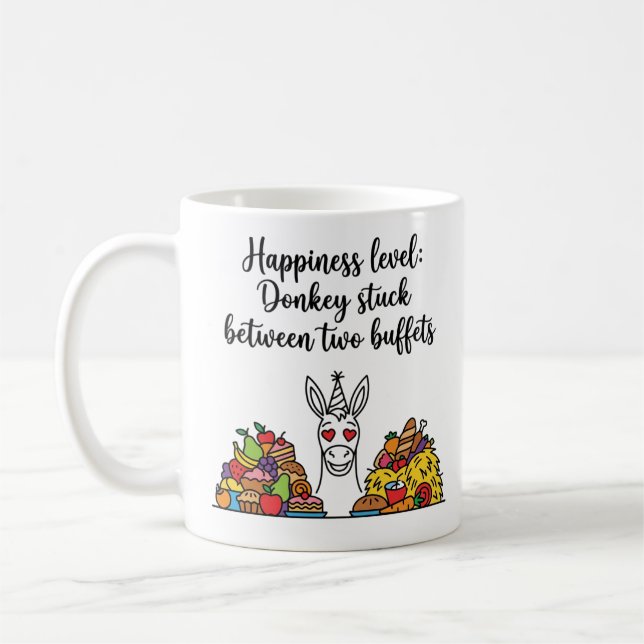 Glückspegel: Esel zwischen zwei Buffets eingeklemm Kaffeetasse (Links)