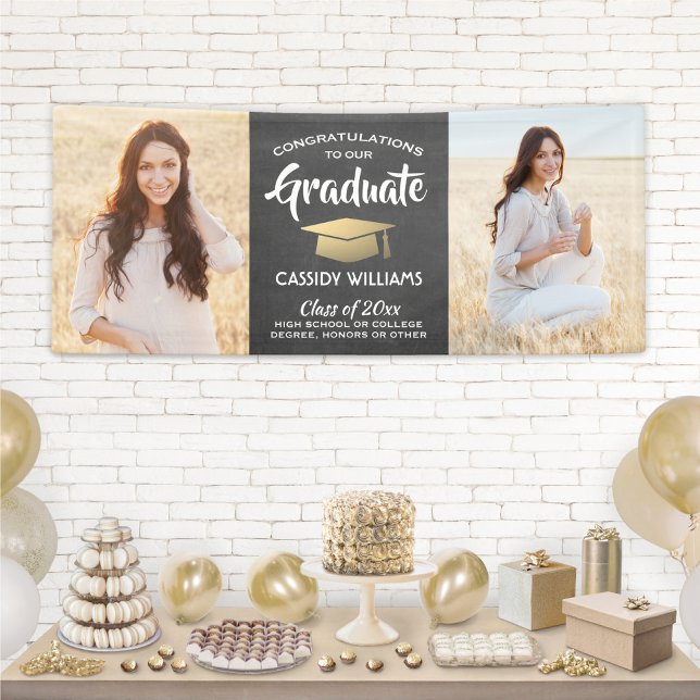 Glückwunsch 2 Foto Chalkboard Black Gold Abschluss Banner (Von Creator hochgeladen)