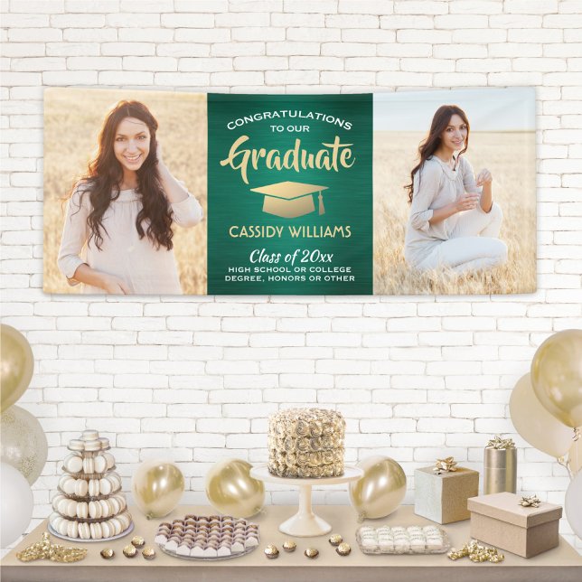 Glückwunsch 2 Foto Grün Gold und Weiß Abschluss Banner (Von Creator hochgeladen)