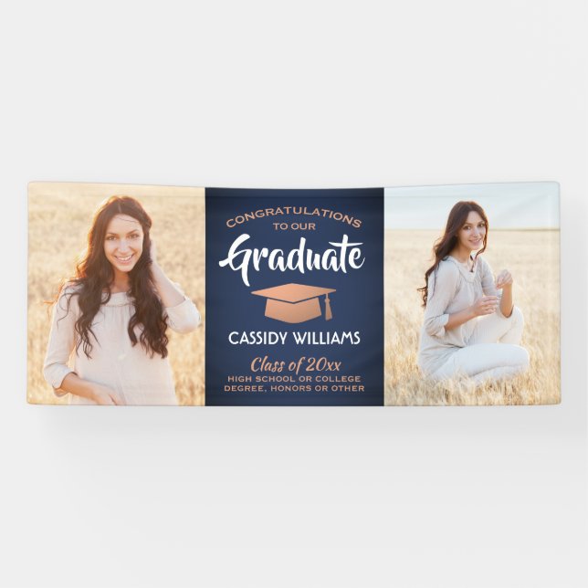 Glückwunsch 2 Foto Navy Blue White Copper Abschlus Banner (Horizontal)