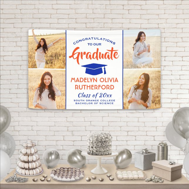 Glückwunsch 4 Foto Orange Blau und Weiß Abschluss Banner (Von Creator hochgeladen)