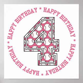 Glückwunsch 4. Geburtstag Baseball Nummer Poster