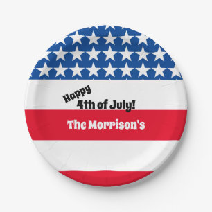 Glückwunsch 4. Juli American Flag Add Family Name Pappteller