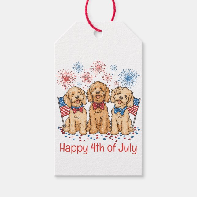 Glückwunsch 4. Juli Goldendoodle Hunde Feuerwerk Geschenkanhänger (Vorderseite)