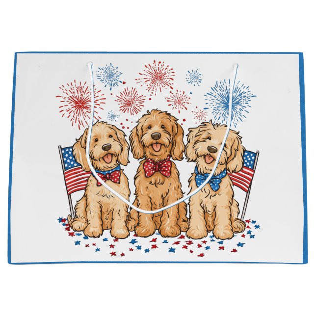 Glückwunsch 4. Juli Goldendoodle Hunde Feuerwerk Große Geschenktüte (Vorderseite)