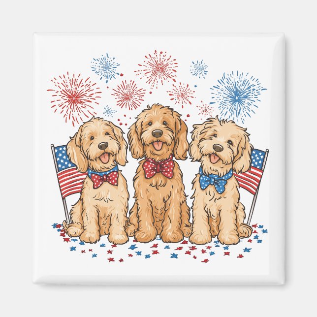 Glückwunsch 4. Juli Goldendoodle Hunde Feuerwerk Magnet (Vorne)