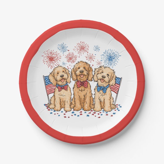 Glückwunsch 4. Juli Goldendoodle Hunde Feuerwerk Pappteller (Vorderseite)