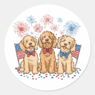 Glückwunsch 4. Juli Goldendoodle Hunde Feuerwerk Runder Aufkleber