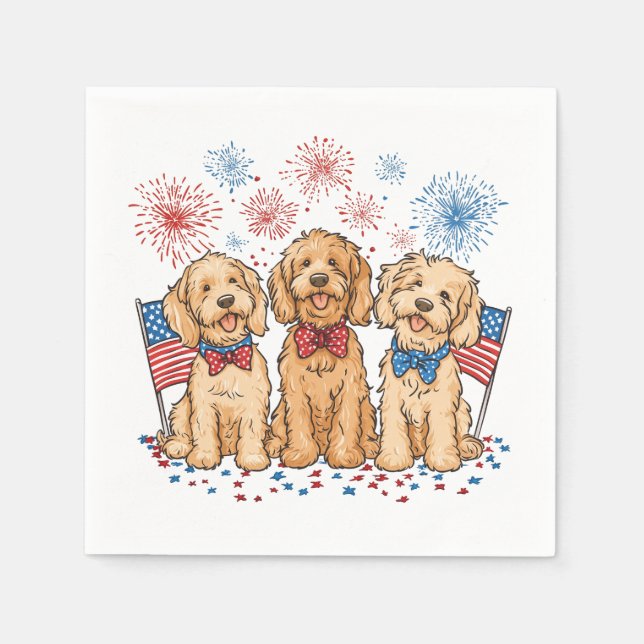 Glückwunsch 4. Juli Goldendoodle Hunde Feuerwerk Serviette (Vorderseite)
