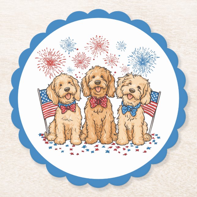 Glückwunsch 4. Juli Goldendoodle Hunde Feuerwerk Untersetzer (Vorderseite)