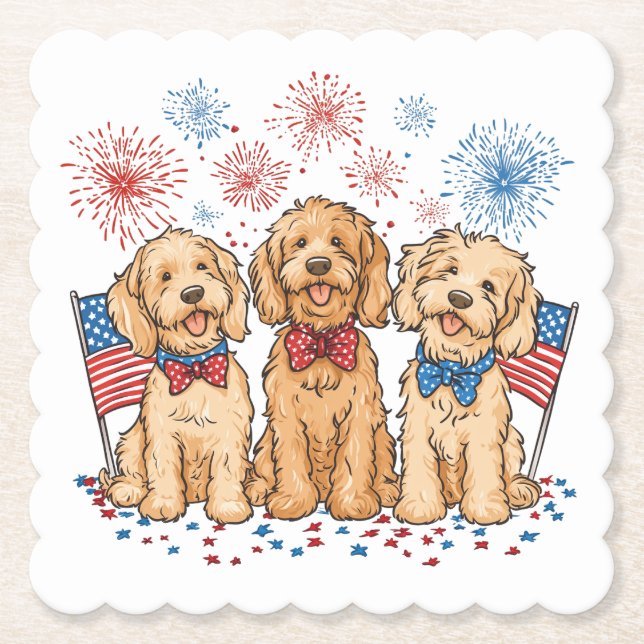 Glückwunsch 4. Juli Goldendoodle Hunde Feuerwerk Untersetzer (Vorderseite)