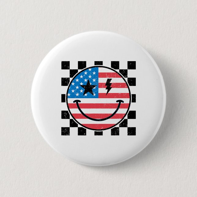 Glückwunsch 4. Juli Groovy Smile Face Red White Bl Button (Vorderseite)