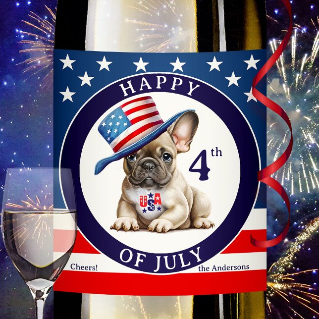 Glückwunsch 4. Juli Mops Weinetikett (Wine label featuring a bulldog or pug with American hat to celebrate 4th of July - stars and stripes)