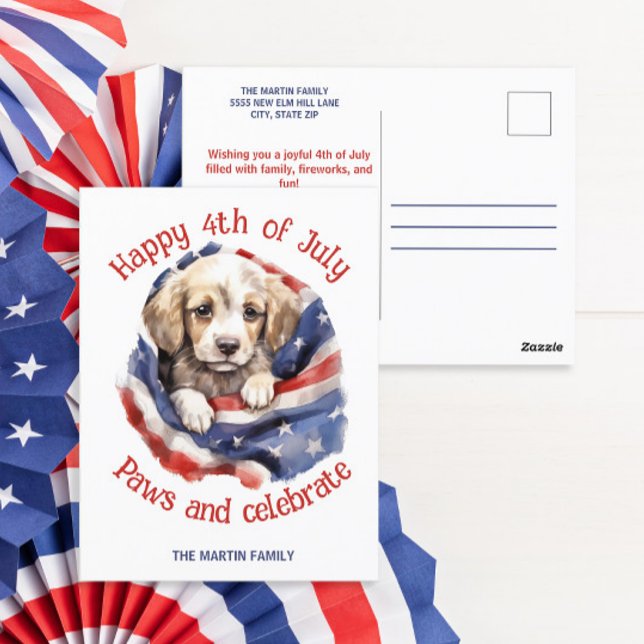 Glückwunsch 4. Juli Niedliche Welpe American Flag Postkarte (Happy 4th of July American flag and puppy greeting postcard )