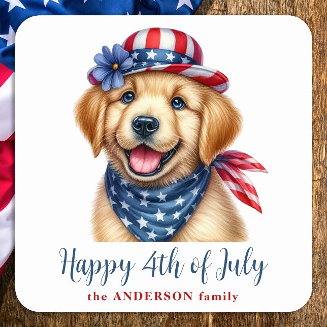 Glückwunsch 4. Juli Patriotic Welpe Golden Retriev Quadratischer Aufkleber (Von Creator hochgeladen)