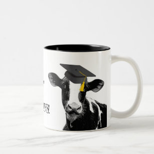 Glückwunsch-Abschluss-lustige Kuh in der Kappe Zweifarbige Tasse