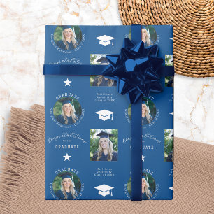 Glückwunsch Absolvent 2 Foto Blau Abschlussfeier Geschenkpapier