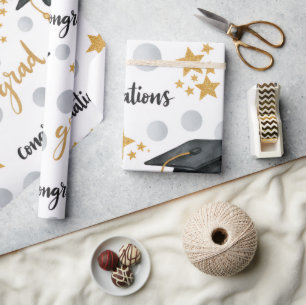 Glückwunsch Absolvent Goldene Sterne Graue Punkte  Geschenkpapier