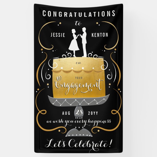 Glückwunsch Black and Gold Engagement Party Banner (Vertikal)