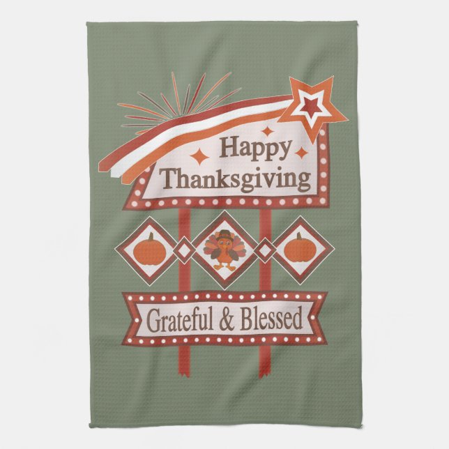 Glückwunsch Danksagend und gesegnet Retro-Zeichen Geschirrtuch (Vertikal)
