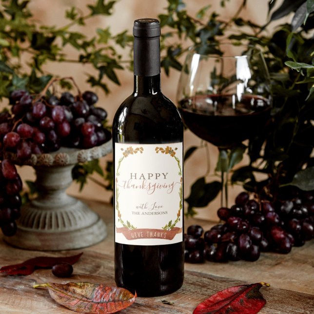 Glückwunsch Erntedankfest Autumn Wassercolor Boho  Weinetikett (Watercolor wreath with a terracotta banner thanksgiving wine label for your family feast.)